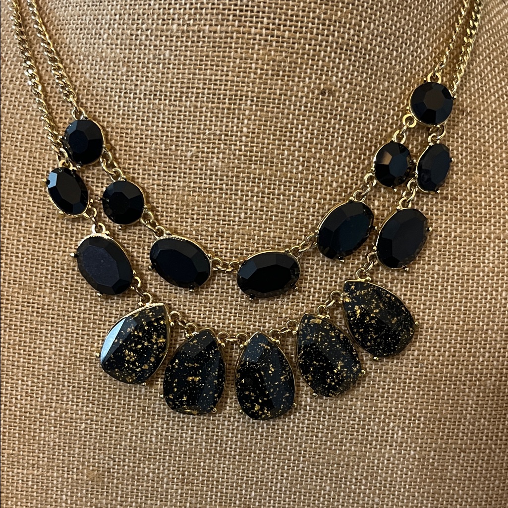 1946 Black And Gold Tone Double Row Statement Necklace